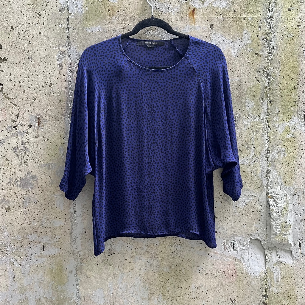 Rachel Mara 100% Silk Blue Print 3/4 Sleeve Blouse Top, Xs